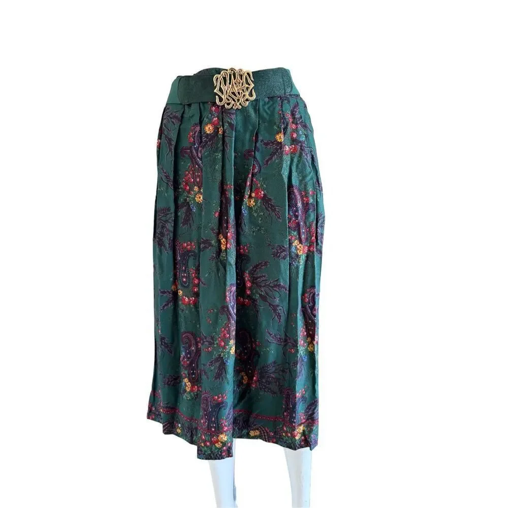 Susan Bristol green emerald floral A-line vintage 90’s women’s m skirt gold belt
